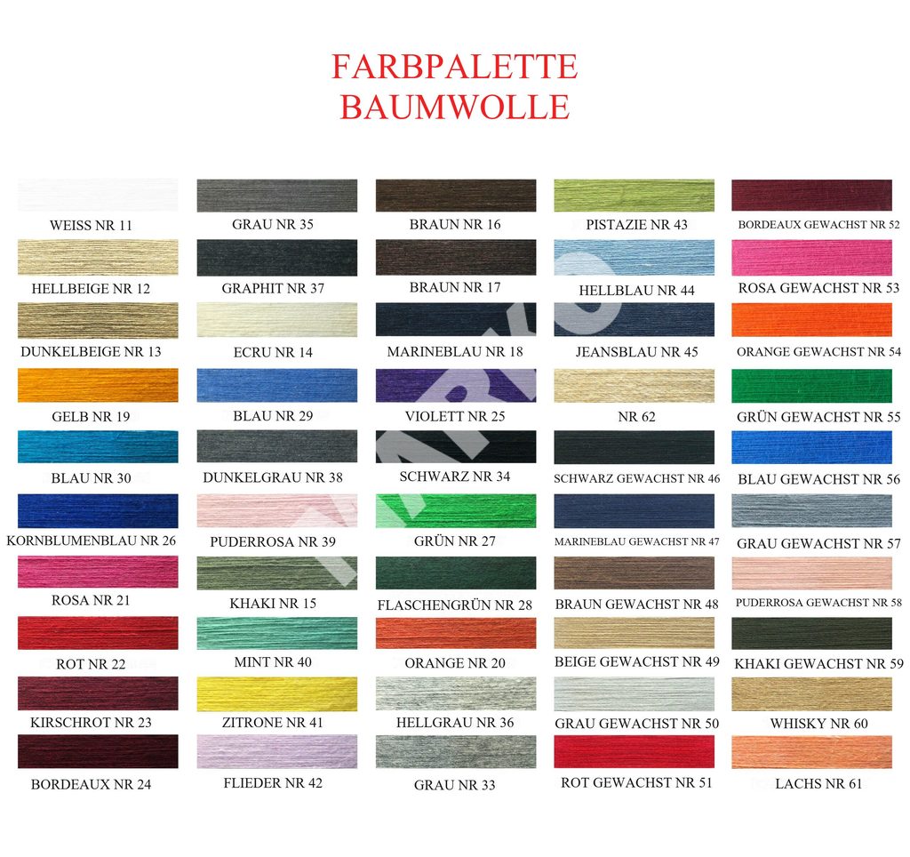 Farbpalette für Bekleidungsschnüre aus Baumwolle