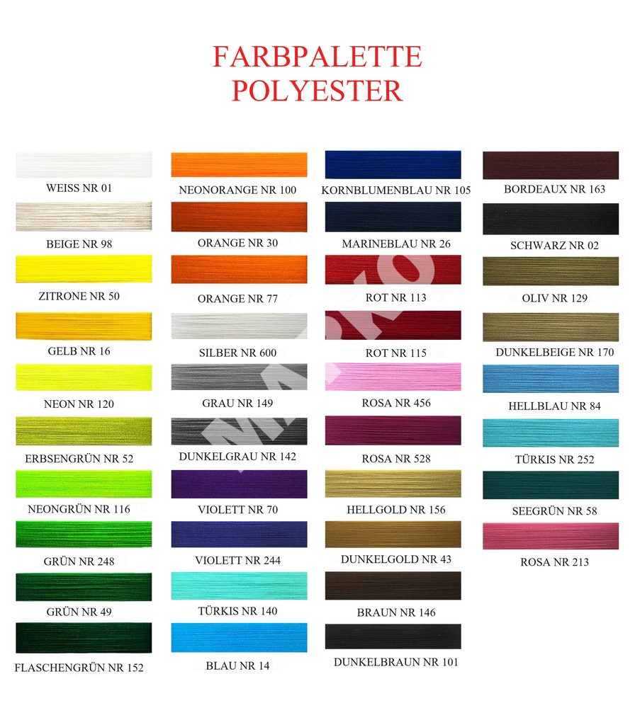 Farbpalette für Bekleidungsschnüre aus Polyester